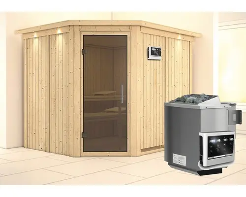 Elementsauna Karibu Malina inkl. 9 kW Bio Ofen u.ext.Steuerung mit Dachkranz und graphitfarbiger Ganzglastüre
