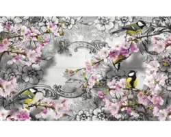 Fototapete Papier 3442 P4 Blumen und Vögel 2-tlg. 254 x 184 cm