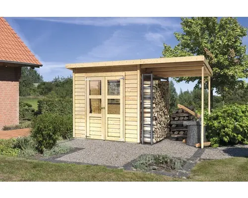 Gartenhaus Karibu Klosterburg inkl. Anbaudach 1,6 m 370x154 cm natur