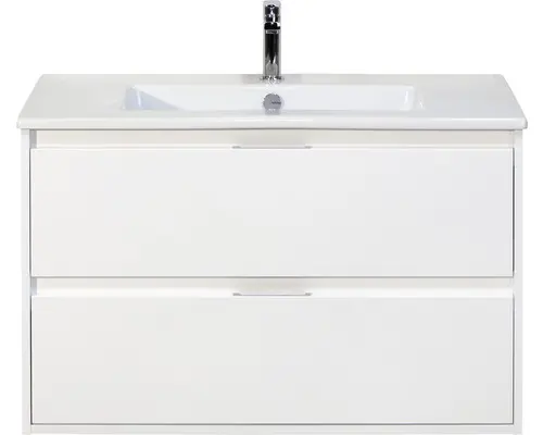 Waschbeckenunterschrank Sanox Porto Keramik 57x91x51 cm mit Keramikwaschbecken weiß hochglanz