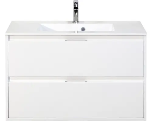 Waschbeckenunterschrank Sanox Porto Mineralguss 56,5x90x50 cm mit Mineralgusswaschbecken weiß hochglanz