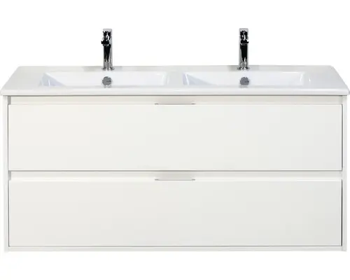 Waschbeckenunterschrank Sanox Porto Keramik 57x121x51 cm mit Doppel-Keramikwaschbecken weiß hochglan