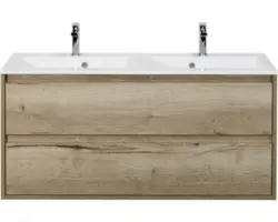 Waschbeckenunterschrank Sanox Porto Mineralguss 56,5x120x50 cm mit Doppel-Mineralgusswaschbecken Eiche natur