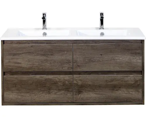 Waschbeckenunterschrank Sanox Porto Keramik 57x121x51 cm mit Doppel-Keramikwaschbecken 4 Schubladen Nebraska Eiche