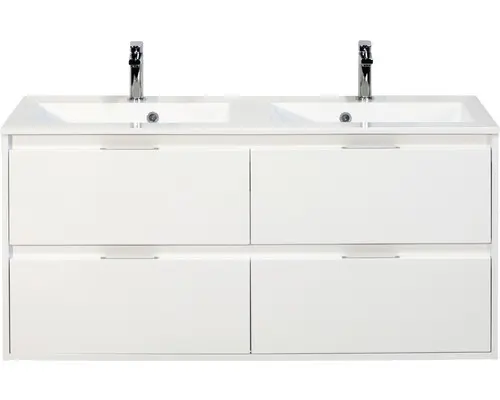 Waschbeckenunterschrank Sanox Porto Mineralguss 56,5x120x50 cm mit Doppel-Mineralgusswaschbecken 4 Schubladen weiß hochglanz