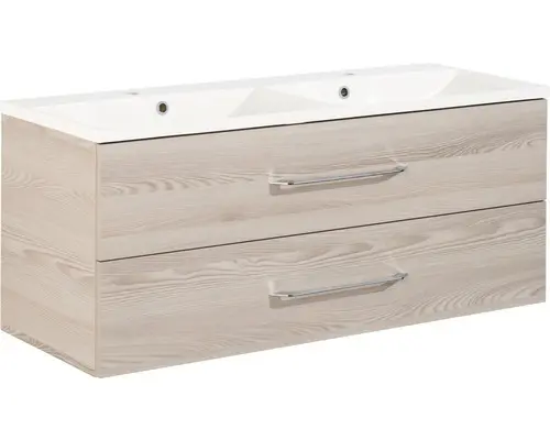 Waschbeckenunterschrank Fackelmann B.clever Mineralguss 120 51x120x46 cm mit Doppel-Mineralgusswaschbecken alaska esche