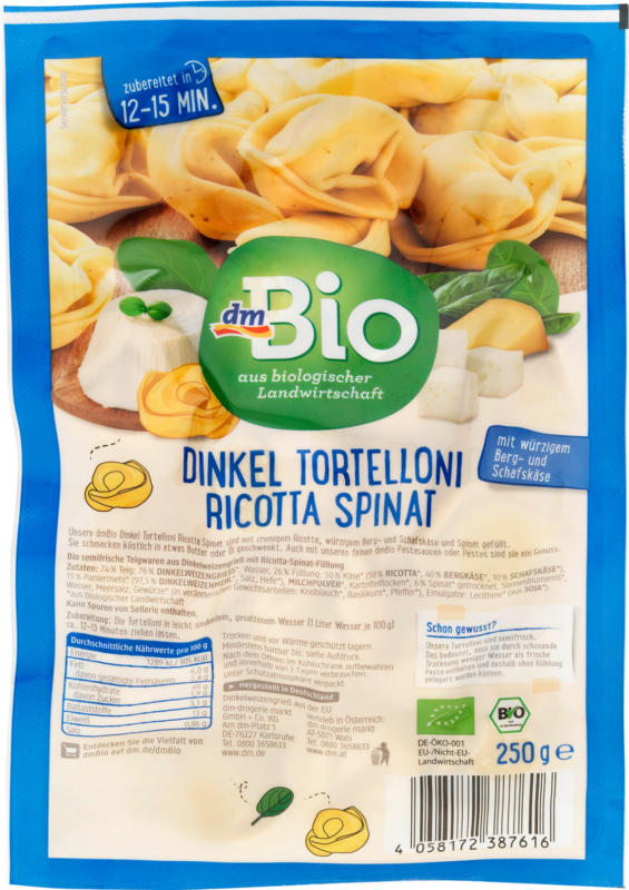 dmBio Tortelloni aus Dinkel mit Ricotta & Spinat gefüllt