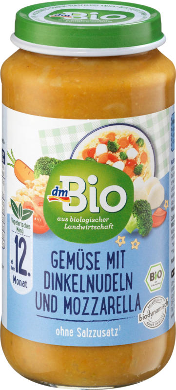 dmBio Vegetarisches Babymenü Gemüse mit Dinkelnudeln und Mozzarella