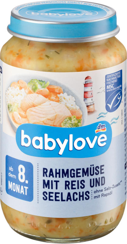 babylove Menü Rahmgemüse mit Reis und Seelachs
