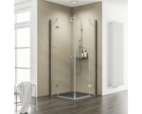 Eckeinstieg mit Drehtür Schulte ExpressPlus MasterClass 800x800x2000 mm Echtglas Klar hell chromoptik Montage auf Fliese