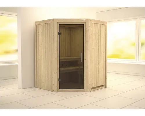 Elementsauna Karibu Larina ohne Ofen und Dachkranz mit graphitfarbiger Ganzglastüre