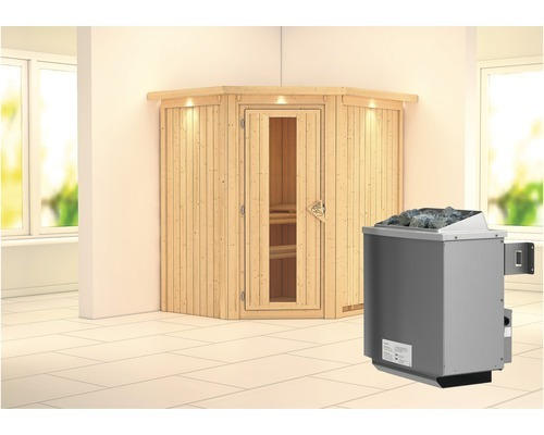 Elementsauna Karibu Maurin inkl. 9 kW Ofen u.integr.Steuerung mit Dachkranz und Holztüre mit Isolierglas wärmegedämmt