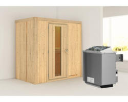 Elementsauna Karibu Mariado inkl. 9 kW Ofen u.integr.Steuerung ohne Dachkranz mit Holztüre und Isolierglas wärmegedämmt