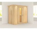 Hornbach Elementsauna Karibu Mariado ohne Ofen mit Dachkranz und Holztüre mit Isolierglas wärmegedämmt