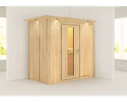 Elementsauna Karibu Mariado ohne Ofen mit Dachkranz und Holztüre mit Isolierglas wärmegedämmt