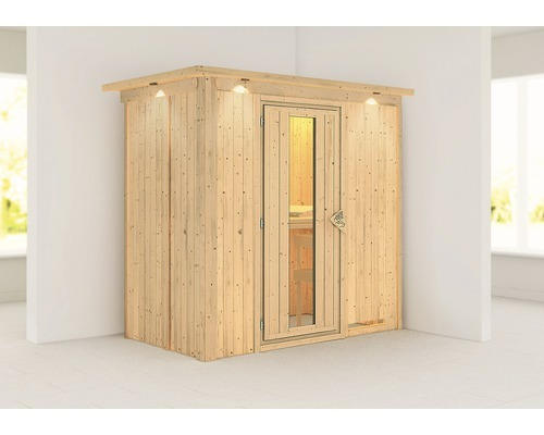 Elementsauna Karibu Mariado ohne Ofen mit Dachkranz und Holztüre mit Isolierglas wärmegedämmt