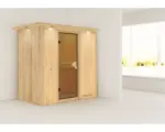 Hornbach Elementsauna Karibu Mariado ohne Ofen mit Dachkranz und bronzierter Ganzglastüre