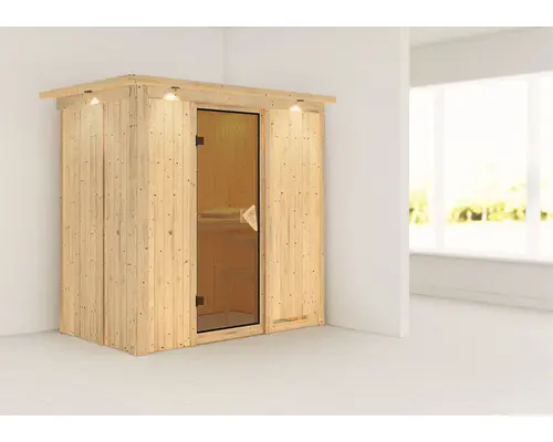 Elementsauna Karibu Mariado ohne Ofen mit Dachkranz und bronzierter Ganzglastüre