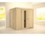 Hornbach Elementsauna Karibu Bodina ohne Ofen und Dachkranz mit Holztüre und Isolierglas wärmegedämmt
