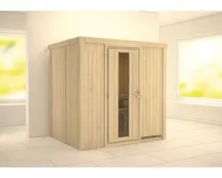 Elementsauna Karibu Bodina ohne Ofen und Dachkranz mit Holztüre und Isolierglas wärmegedämmt