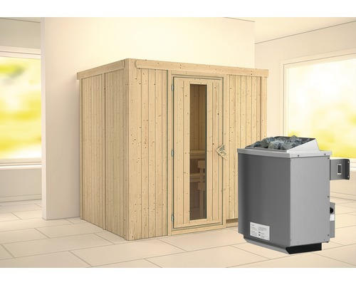 Elementsauna Karibu Bodina inkl. 9 kW Ofen u.integr.Steuerung ohne Dachkranz mit Holztüre und Isolierglas wärmegedämmt