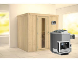Elementsauna Karibu Bodina inkl. 9 kW Ofen u.ext.Steuerung ohne Dachkranz mit Holztüre und Isolierglas wärmegedämmt