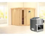 Hornbach Elementsauna Karibu Piemon inkl. 9 kW Bio Ofen u.ext.Steuerung mit Dachkranz und Holztüre mit Isolierglas wärmegedämmt