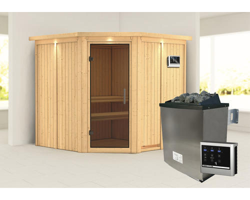 Elementsauna Karibu Piemon inkl. 9 kW Ofen u.ext.Steuerung mit Dachkranz und graphitfarbiger Ganzglastüre