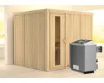 Hornbach Elementsauna Karibu Gobina inkl. 9 kW Ofen u.integr.Steuerung ohne Dachkranz mit Holztüre und Isolierglas wärmegedämmt