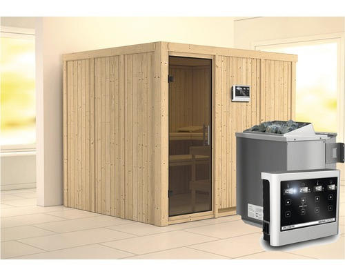 Elementsauna Karibu Gobina inkl. 9 kW Bio Ofen u.ext.Steuerung ohne Dachkranz mit graphitfarbiger Ganzglastüre