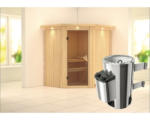 Hornbach Plug & Play Sauna Karibu Achat III inkl. 3,6 kW Ofen u.integr.Steuerung mit Dachkranz und bronzierter Ganzglastüre