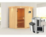 Hornbach Plug & Play Sauna Karibu Achat III inkl. 3,6 kW Ofen u.ext.Steuerung mit Dachkranz und bronzierter Ganzglastüre