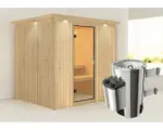 Hornbach Plug & Play Sauna Karibu Achat VIII inkl. 3,6 kW Ofen u.integr.Steuerung mit Dachkranz und bronzierter Ganzglastüre