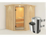 Hornbach Plug & Play Sauna Karibu Achat VII inkl. 3,6 kW Ofen u.integr.Steuerung mit Dachkranz und bronzierter Ganzglastüre