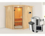 Hornbach Plug & Play Sauna Karibu Achat VII inkl. 3,6 kW Ofen u.ext.Steuerung mit Dachkranz und bronzierter Ganzglastüre