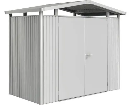 Gartenhaus Biohort Panorama inkl. Dachrinne Regale Set Lüftung Oberlicht 257 x 134 cm silber-metallic