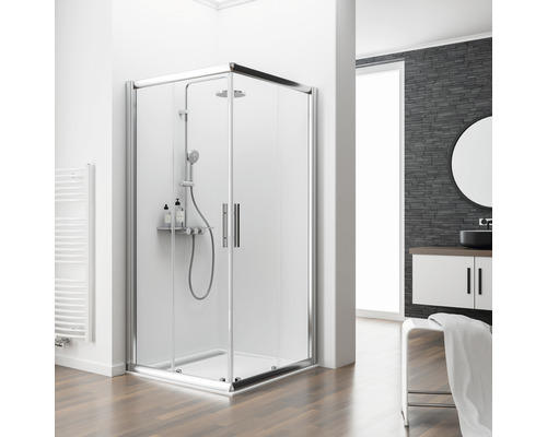 Eckeinstieg mit Schiebetür Schulte ExpressPlus Kristall/Trend 750x900x1850 mm Echtglas Klar hell chromoptik