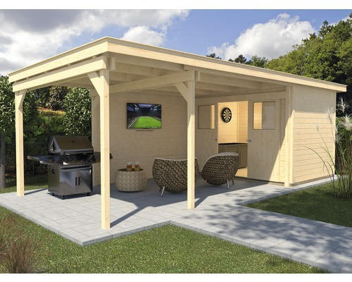 Gartenhaus weka Man Cave Play & Relax Gr.2 mit Fußboden und seitlicher Überdachung 647 x 299 cm natur