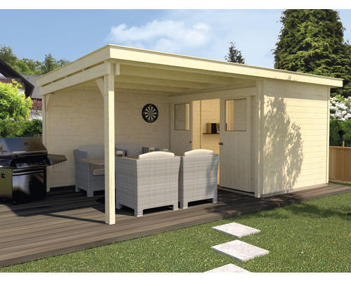 Gartenhaus weka Man Cave Play & Relax Gr.3 mit Fußboden und seitlicher Überdachung 590 x 299 cm natur