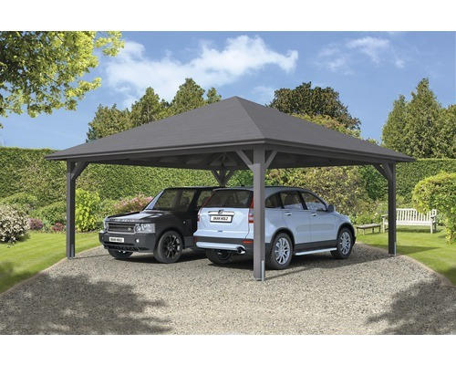 Doppelcarport SKAN HOLZ Taunus mit Pfostenankern 634x634 cm schiefergrau