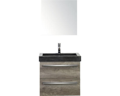 Badmöbel-Set Sanox Seville Naturstein 58x61x45,5 cm Natursteinwaschbecken Nebraska Eiche mit Spiegel