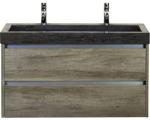 Waschbeckenunterschrank Sanox Dante Naturstein 58x101x45,5 cm mit Doppel-Natursteinwaschbecken Nebraska oak