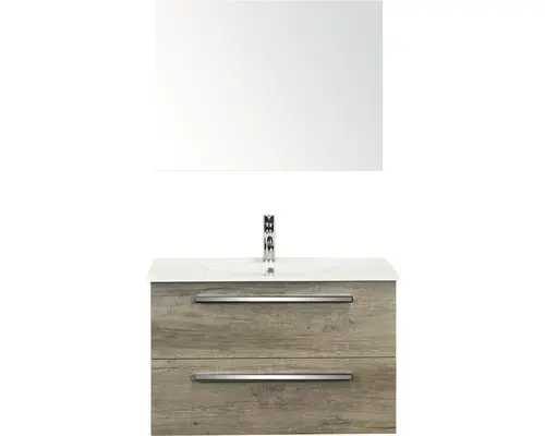 Badmöbel-Set Sanox Seville Keramik 52x81x46 cm Keramikwaschbecken Nebraska Eiche mit Spiegel