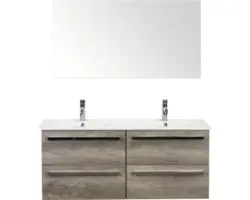 Badmöbel-Set Sanox Seville Keramik 52x121xx46 cm Doppel-Keramikwaschbecken 4 Schubladen Nebraska Eiche mit Spiegel