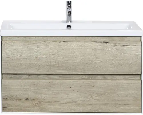 Waschbeckenunterschrank Sanox Evora Keramik 59x100x45,5 cm mit Keramikwaschbecken eiche natur