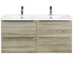 Waschbeckenunterschrank Sanox Pulse Keramik 57x121x51 cm mit Doppel-Keramikwaschbecken 4 Schubladen Eiche grau