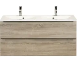 Waschbeckenunterschrank Sanox Pulse Mineralguss 57x121x51 cm mit Doppel-Mineralgusswaschbecken Eiche grau