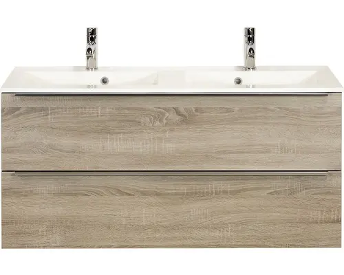 Waschbeckenunterschrank Sanox Pulse Mineralguss 57x121x51 cm mit Doppel-Mineralgusswaschbecken Eiche grau