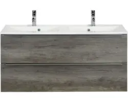 Waschbeckenunterschrank Sanox Pulse Mineralguss 57x121x51 cm mit Doppel-Mineralgusswaschbecken Nebraska Eiche