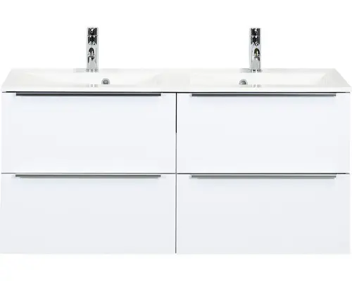 Waschbeckenunterschrank Sanox Pulse Mineralguss 57x121x51 cm mit Doppel-Mineralgusswaschbecken 4 Schubladen weiß hochglanz